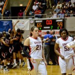 No. 21 Kayla Bryant, senior, and No. 53 Lavanda Ross, junior, return to the bench after a 65–59 loss to Azusa Pacific at the 2011 NAIA championship. | Photo by Beth Spain